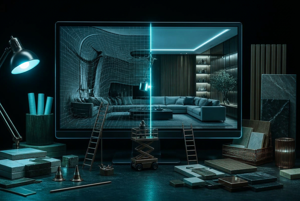 Monitor comparando um ambiente distorcido com a mesma arquitetura corrigida e recuperada