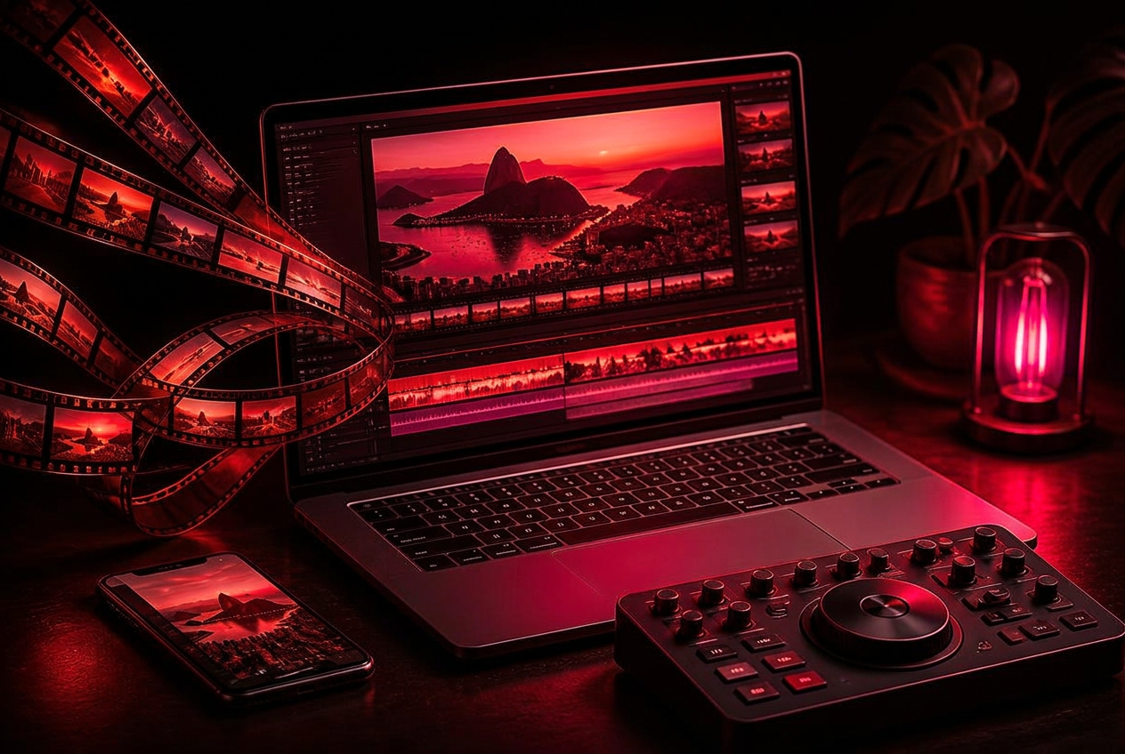 Notebook com linha do tempo de edição de vídeo, celular, controlador e rolos de filme em uma bancada
