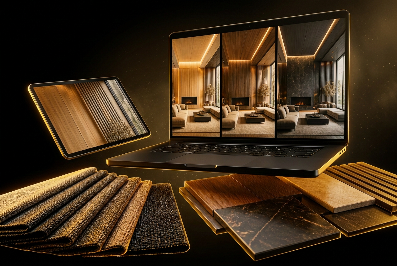 Tablet com variações de materiais e amostras de madeira, pedra e tecido