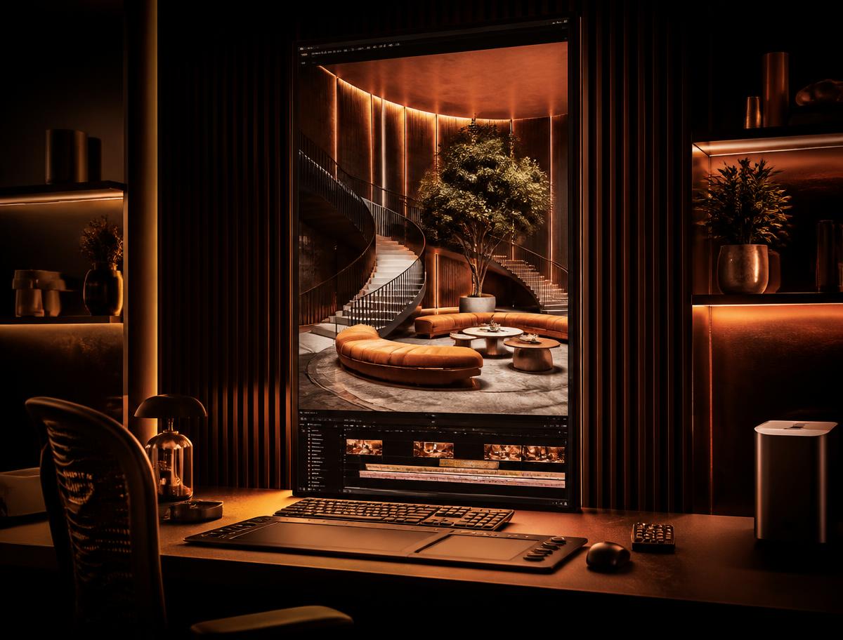 Estúdio de criação com tela exibindo uma apresentação cinematográfica de arquitetura
